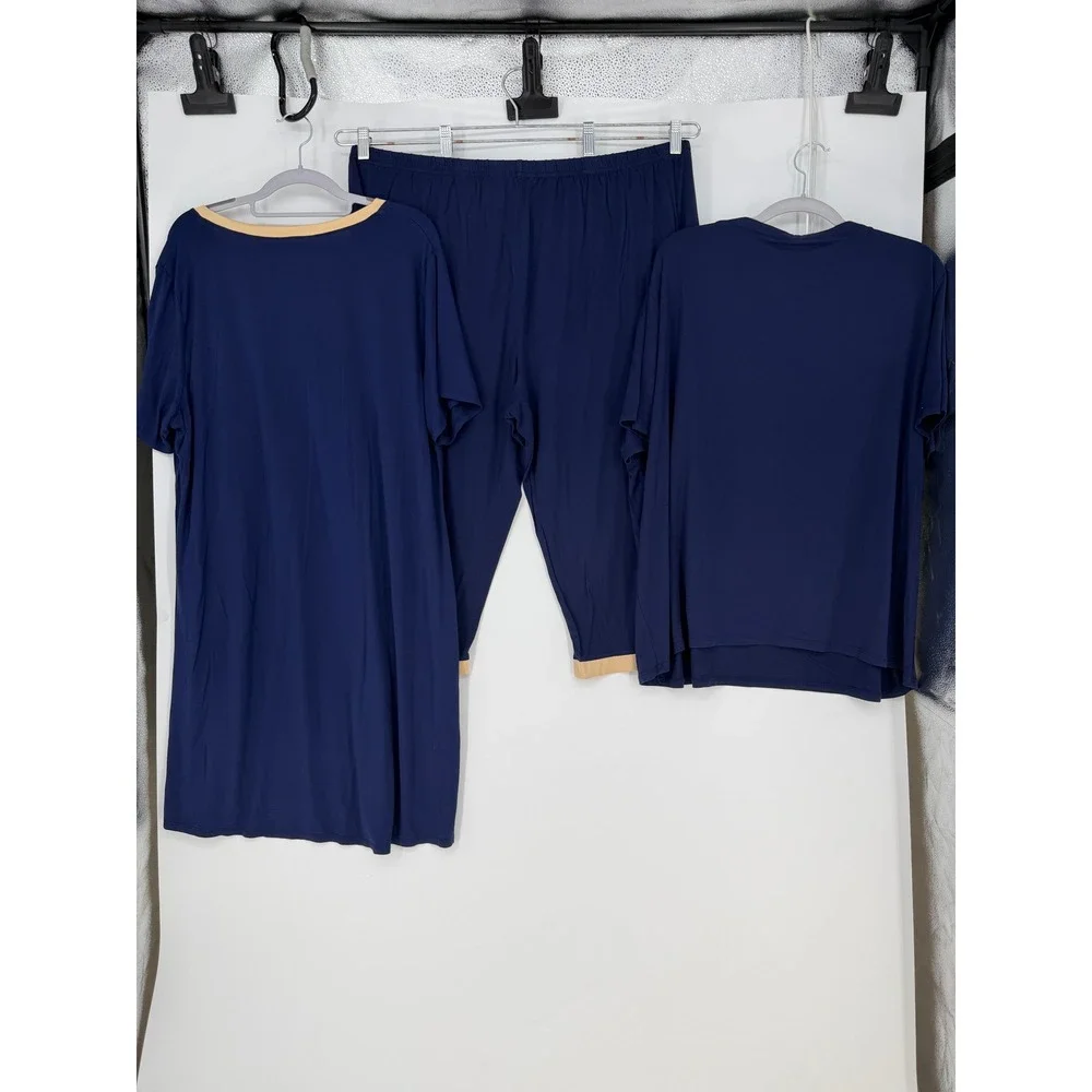 Pajama Set Women 2X Navy Blue 3pc Soft Stretchy Loungewear Comfy Casual Minimal